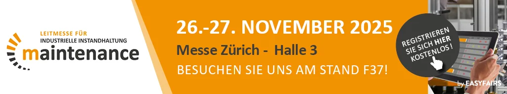 Banner mit dem maintenance Logoschriftzug: Text: 26.-27. November 2025: Messe Zürich - Halle 3 : Besuchen Sie uns am Stand F37 : mit argvis; zur kostenlosen Eintrittskarte! Link folgen!