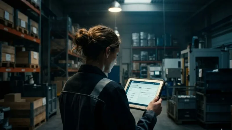 Funktionsumfang argvis; Maintenance Portal 7 Schmuckbild für Mobiles Ersatzteil- und Lagermanagement im SAP: Eine Frau in einem Lagerraum hält ein Tablett in den Händen.
