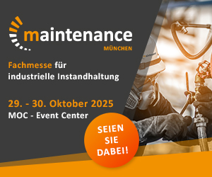 Text mit Logo: Sein Sie dabei! Maintenance München Fachmesse für Industrielle Instandhaltung 29. - 30. Oktober 2025