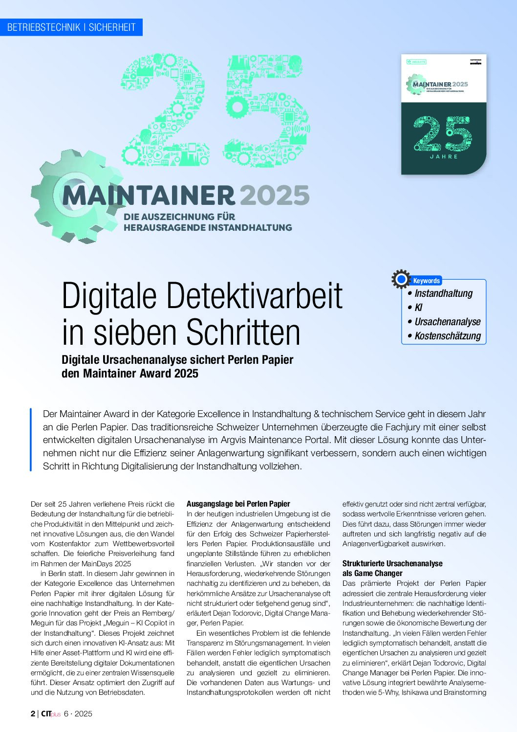 Bericht Betriebstechnik | Sicherheit CIT 6/25: Maintainer Award 2025: Digitale Detektivarbeit in sieben Schritten * Digitale Ursachenanalyse sichert Perlen Papier den Maintainer Award 2025