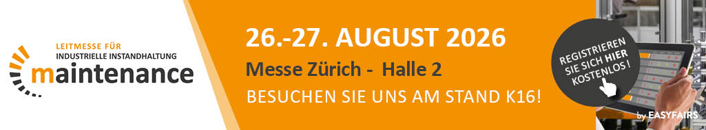 maintenance Schweiz 2026 1 Banner mit dem maintenance Logoschriftzug: Text: 26.-27. August 2026: Messe Zürich - Halle 2 : Besuchen Sie uns am Stand K16 : mit argvis; zur kostenlosen Eintrittskarte! Link folgen!