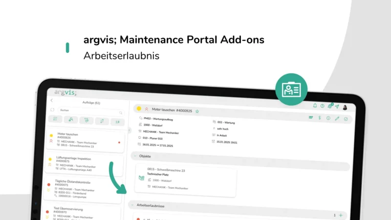 Headerbild Schriftzug Arbeitserlaubnis argvis; Maintenance Portal Add-ons vor einem Screenshot der argvis; Anwendung auf einem Tablet