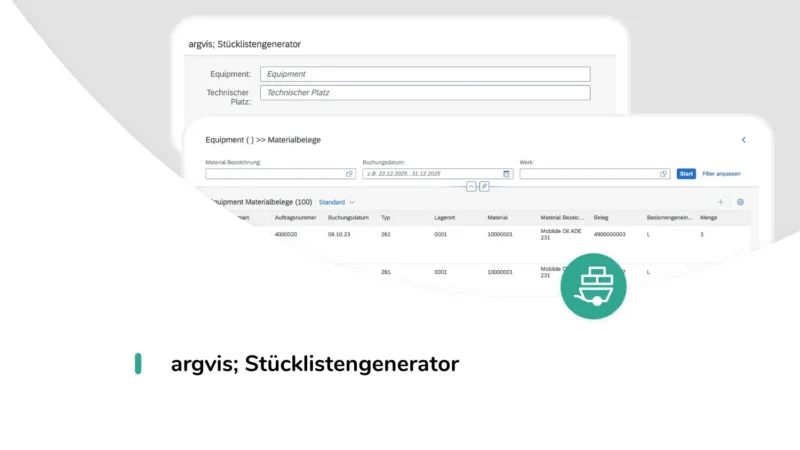 argvis; Stücklistengenerator News Headerbild: Schriftzug argvis; Stücklistengenerator vor 2 Screenshots aus der argvis; Anwendung