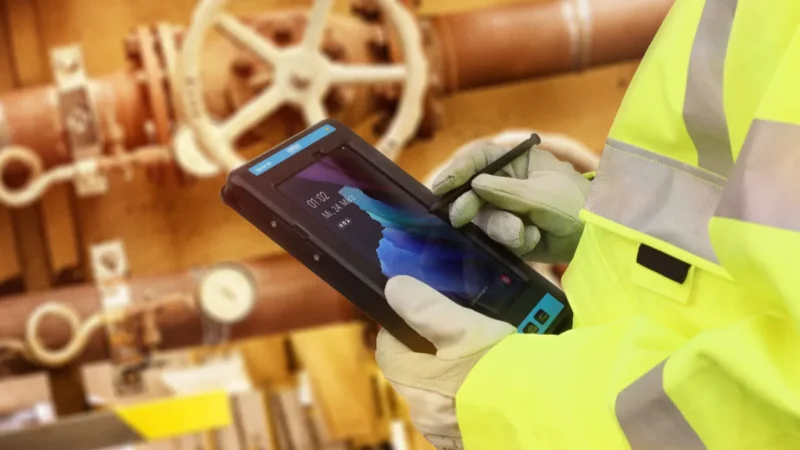 Schmuckbild: PDA Handheld ist im Mittelpunkt des Bildes und wird von einem Arbeiter, von dem nur die behandschuhten Finger und die gelbe Schutzjacke sichtbar sind, gehalten.