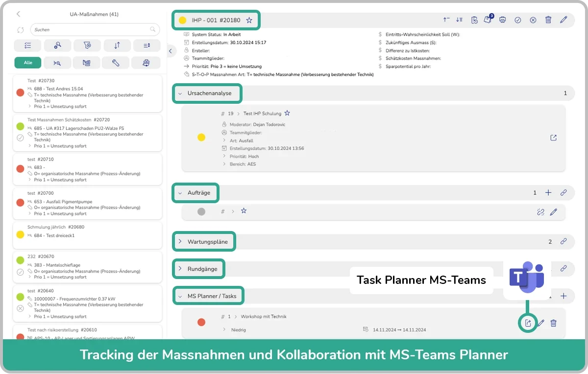 Screenshot der App UA-Maßnahmen zum Tracking der Maßnahmen und Kollaboration mit MS-Teams Planner