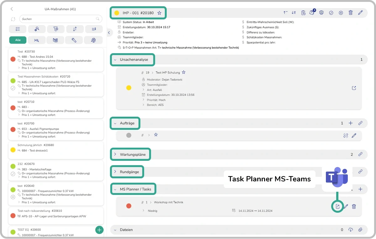 Screenshot der App UA-Maßnahmen zum Tracking der Maßnahmen und Kollaboration mit MS-Teams Planner
