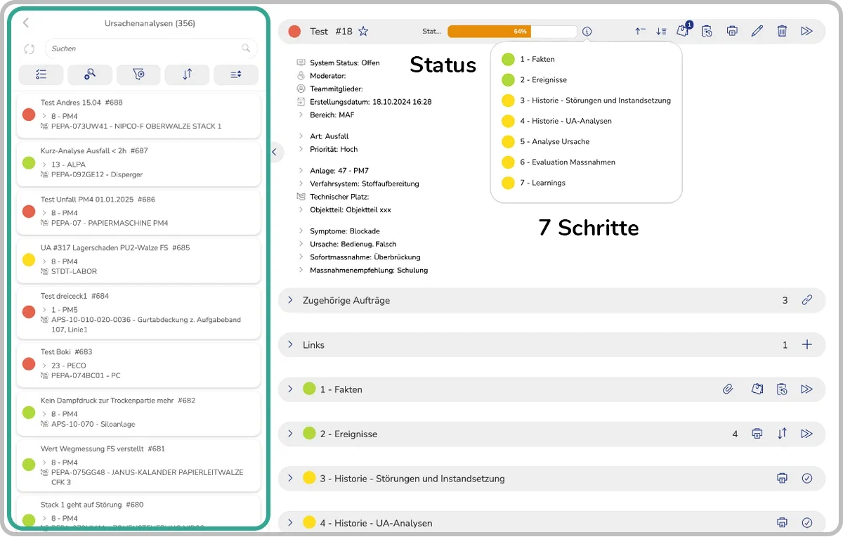 Screenshot aus dem argvis; maintenance Portal APP UA Ursachenanalyse: 7 Schritte