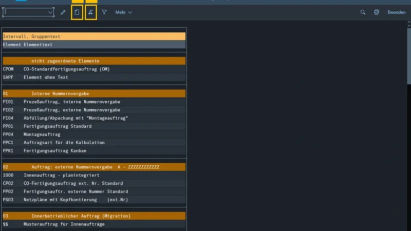 Screenshot: SAP Nummernkreise: Zum Anlegen einer Gruppe (6) wird der Dialog zum Zuordnen der Nummernkreise aufgerufen und ein Name für die Gruppe vergeben. Um einer Gruppe Elemente (7) zuzuordnen, müssen die noch nicht zugeordneten Elemente ausgewählt werden. Anschließend wird die gewünschte Gruppe angeklickt und die soeben ausgewählten Elemente zugeordnet.