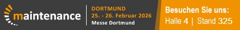 Banner zur maintenance Dortmund 2026 mit Logo und Schriftzug: Dortmund 25. — 26.02.2026, Messe Dortmund, Besuchen Sie uns: Halle 4 Stand 325