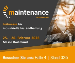 Banner zur maintenance Dortmund 2026 mit Logo und Schriftzug: Leitmesse für industrielle Instandhaltung, Dortmund 25. — 26.02.2026, Messe Dortmund, Besuchen Sie uns: Halle 4 Stand 325