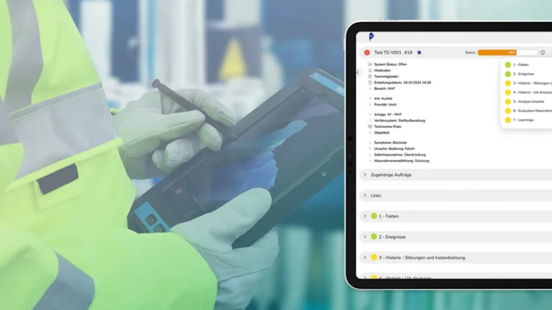 Headerbild zeigt ein von einem Arbeiter mit Schutzhandschuhen gehaltenes Tablet: eingeblendet ist ein Screenshot der argvis; Anwendung Ursachenanalyse in der Instandhaltung auf Basis SAP PM